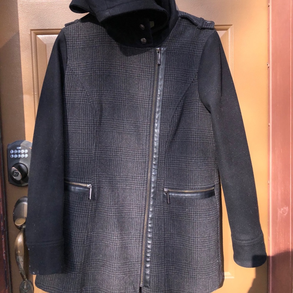 Wool Blend Zip Front Coat with Hood